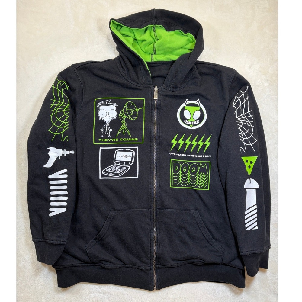 Invader Zim Black Green Reversible Gir Graphic Zip Hoodie Mens XL Excellent